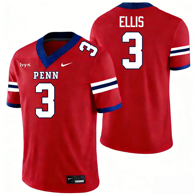 Pennsylvania Quakers #3 Davis Ellis College Football Jerseys,Uniforms Stitched-Red